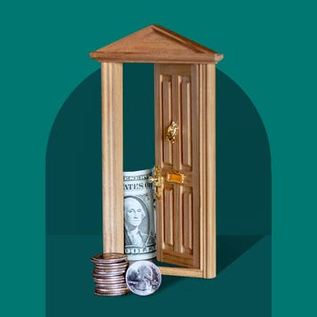 Design element including an open front door with a roll of quarters and a rolled up dollar bill in the path way.