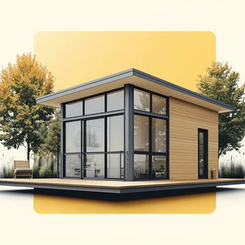 Modern house with a yellow square behind it and more pale yellow background behind that.