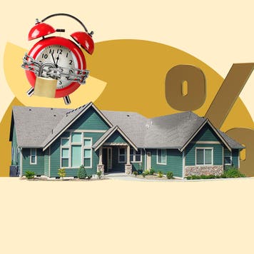 Illustrated collage featuring a house with a clock hoovering above it