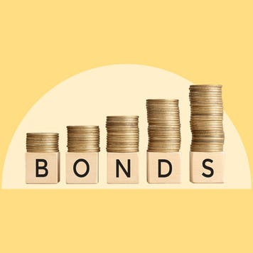 The word, bonds, with coins stacked on top