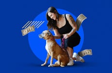 Woman petting a dog while money surrounds them in the air