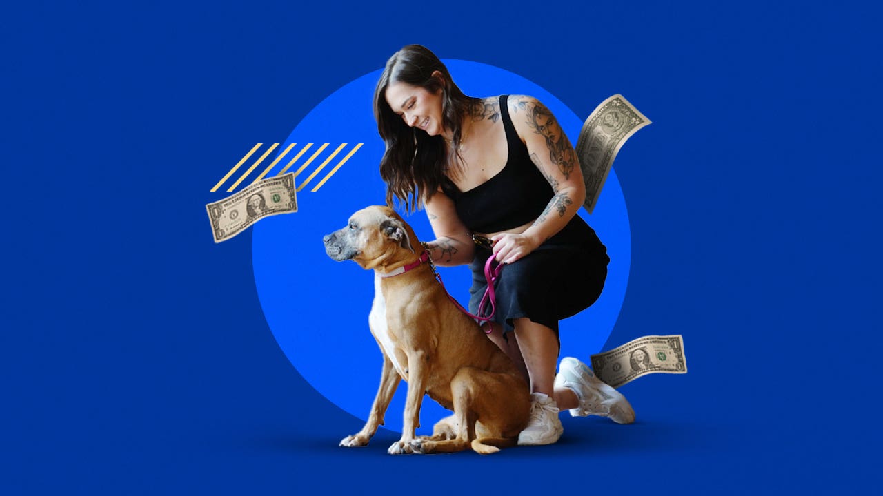 Woman petting a dog while money surrounds them in the air