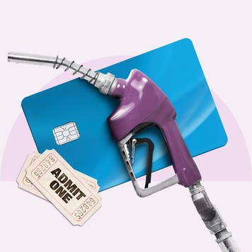 design image depicting a gas pump a credit card and an "admit one" ticket