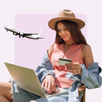 design element depicting a women lounging on her computer with a credit card in her hand and an airplane flying in the background