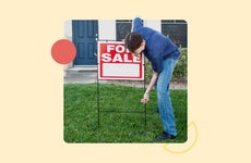 photo illustration - realtor putting up red for sale sign on home's front yard