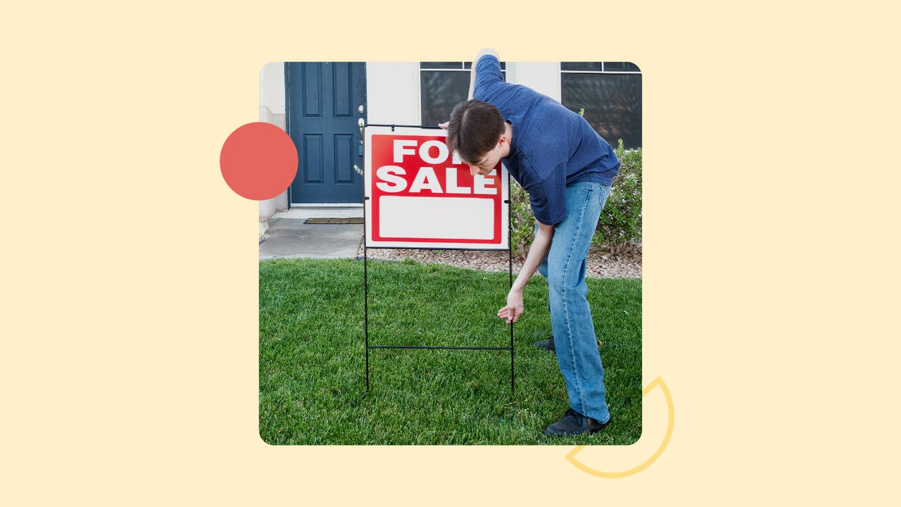 photo illustration - realtor putting up red for sale sign on home's front yard