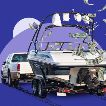 White truck hauling a white boat against a light purple semicircle on a dark purple background.