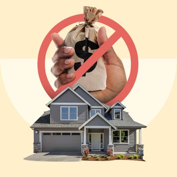 A house with a large hand holding a bag of money behind it