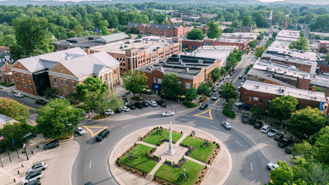 An Elevated View of Small American Downtown of Franklin, Tennessee in the Summer