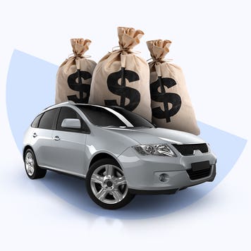 A silver SUV is positioned in front of an image of three bags of money. Background is light blue.