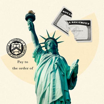 A ripped social security number card, the statue of liberty, and a government symbol