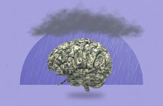A stormcloud handing over a bunch of money wadded together in the shape of a brain