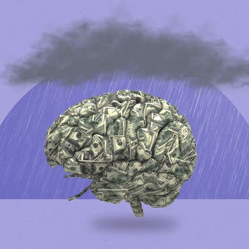A stormcloud handing over a bunch of money wadded together in the shape of a brain