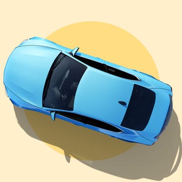 A blue sedan shown from a top-down angle. Image is on top of a yellow background.