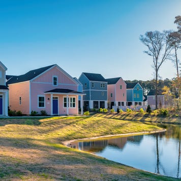 New detached houses in a residential district in Myrtle Beach, South Carolina, USA on a sunny day.