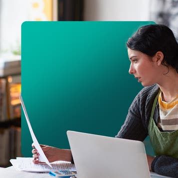 Illustration of young woman looking at document at office