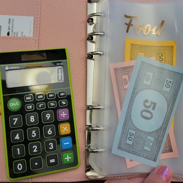 Pocketbook, calculator, and monopoly game money
