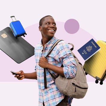 design element of young african american adult surrounded by credit cards and travel luggage