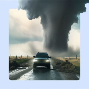 Truck driving away from tornado