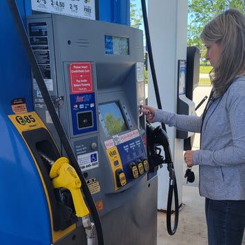 Karen Bennett at the gas pump
