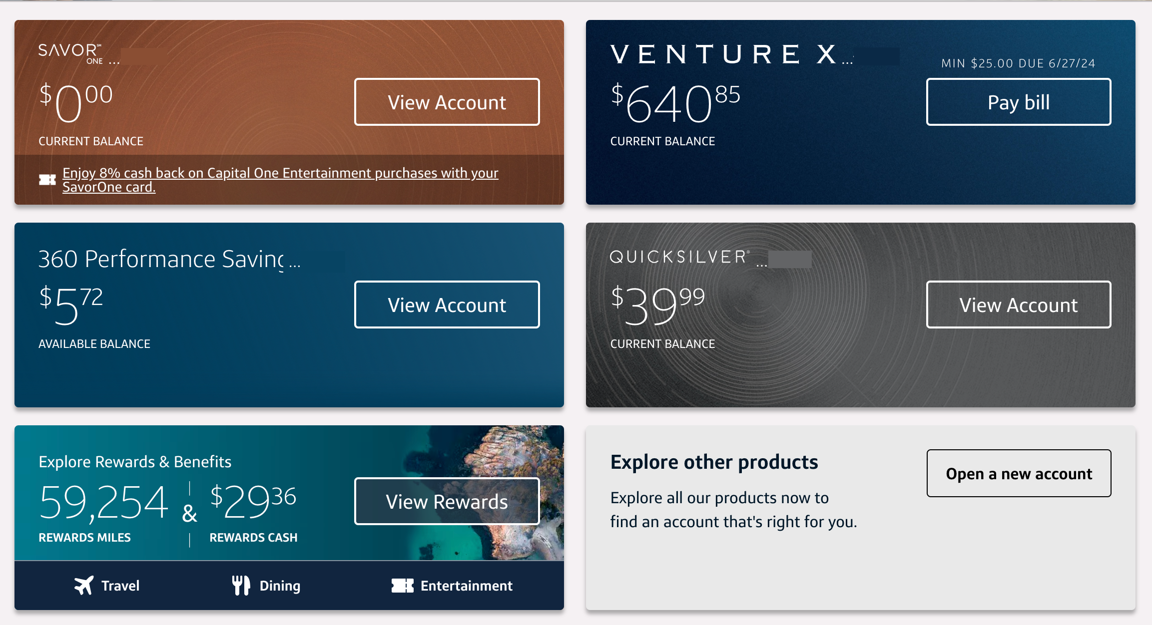 Logging in to Capital One account and viewing all accounts opened.
