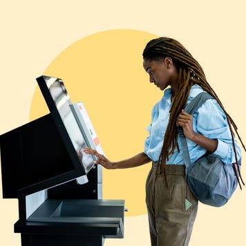 design element of a woman at a self kiosk