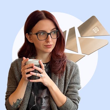 Design image of write Ana Staples holding a cup of coffee and a torn up credit card in the background