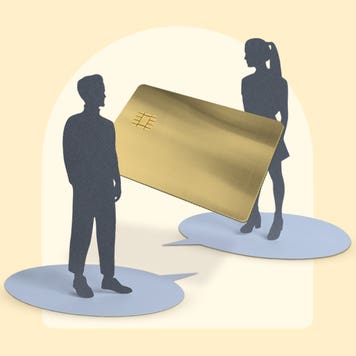 design image depicting a couple and a golden card in the middle of them