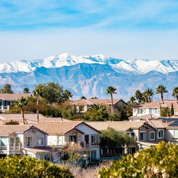 aerial view of suburban las vegas homes with palm trees and mountains