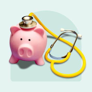 Piggy bank with doctors equipment. Cute and comical