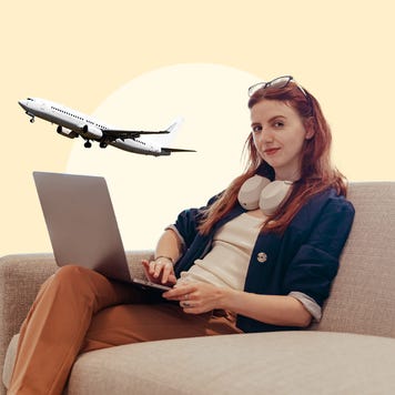 design image of ana staples sitting on a couch with her laptop with a plane in the background