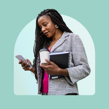 Design element with woman holding a cellphone in one hand, and a coffee cup and binder in the other.