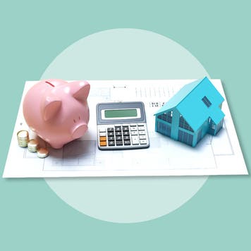 An image of a piggy bank, calculator and small single-family home on top of a sheet of paper. There is a light green circle on a mid-green background behind the central image.