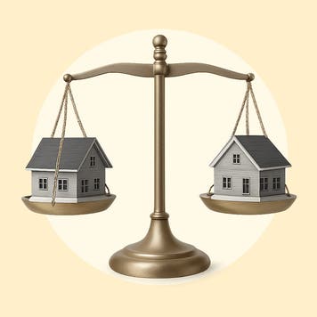 Two houses being weighed side-by-side on a balance scale over a yellow background