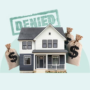Illustrated collage featuring a house with the words "Denied" above it