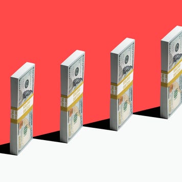 Stacks of money lined up against a colorful red background
