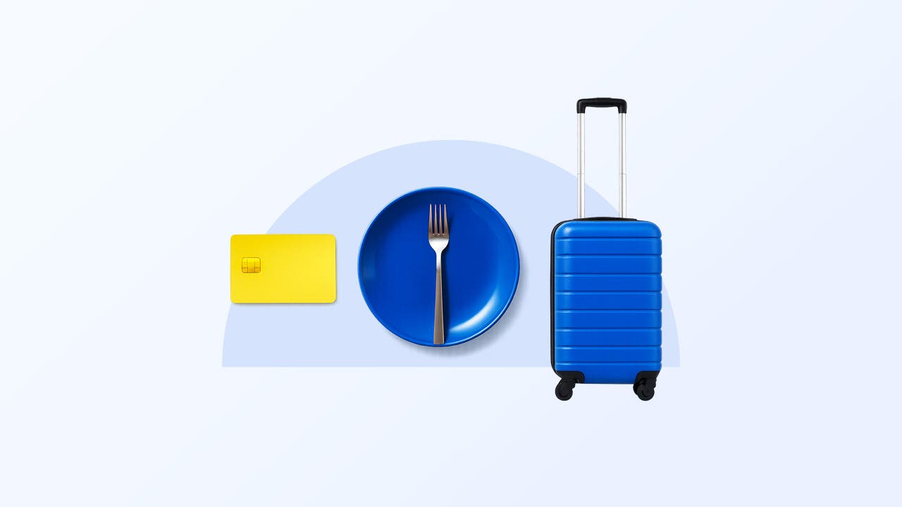 Illustration of credit card, plate, and suitcase