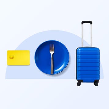 Illustration of credit card, plate, and suitcase