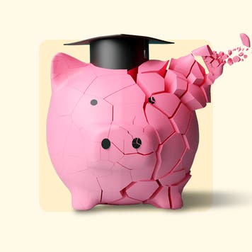 Front-facing pink piggy bank wearing graduation cap slowly cracking and disintegrating from one ear