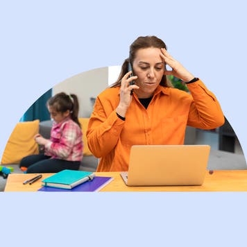 Stressed woman on phone, child in background