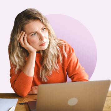 Design element of woman sitting at desk in front of laptop.
