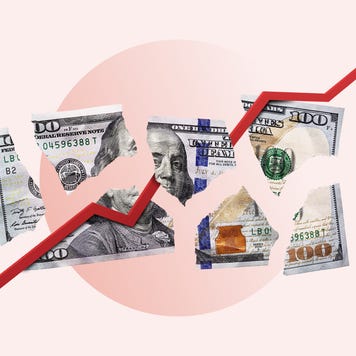 Image of a torn apart one hundred U.S. dollar bill with a red jagged graph line running through the the torn pieces.