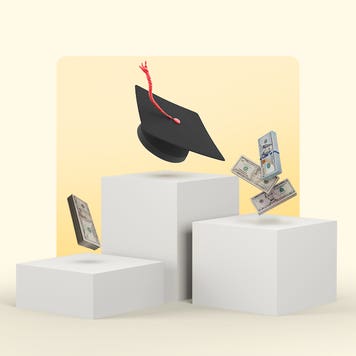 Illustrated collage featuring a podium with money and a graduation cap