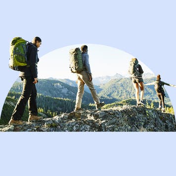 Illustration of hikers walking along mountain