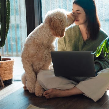 Dog sitting next to a woman