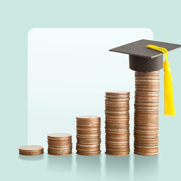 Stack of coins rising in an upward trend with a graduation cap on the last and highest pile