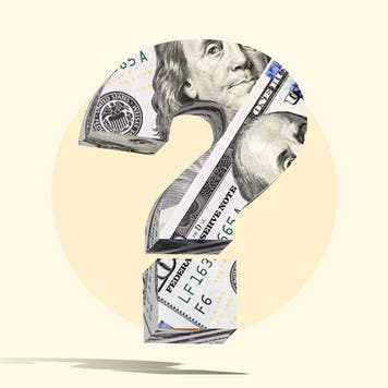 Big question mark on yellow backdrop wrapped up in a hundred dollar bill