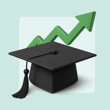 Black graduation cap with green upward trend arrow in the background