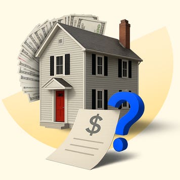 A stylized two-story house with a fan of money behind it and a piece of paper in front with a dollar sign on it and a blue question mark next to the paper.