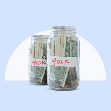 Two jars with money in them labeled 401K.